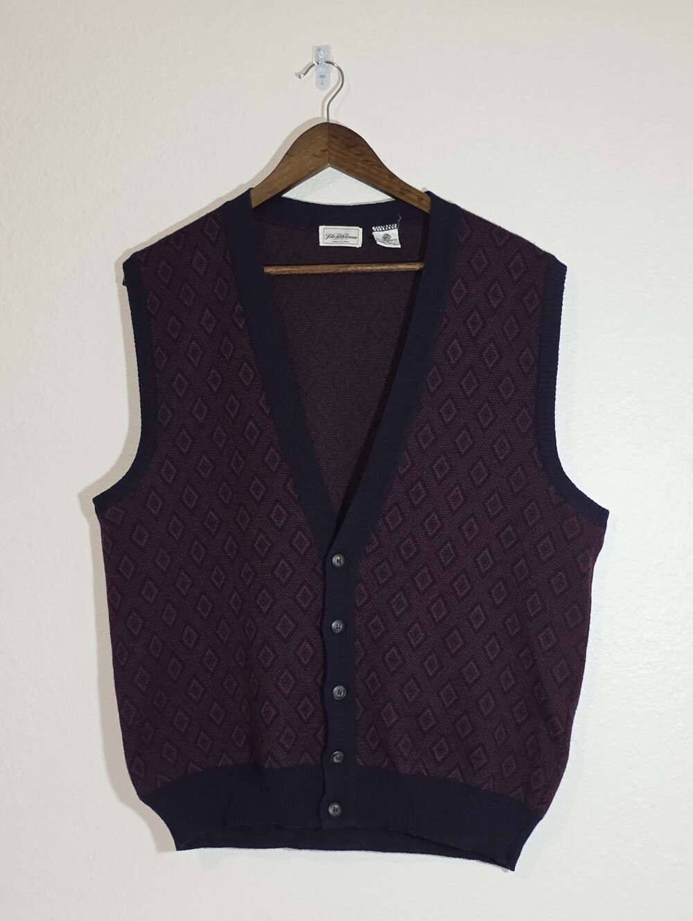Saks Fifth Avenue Vintage Wool Knit Cardigan Vest L Mens Diamond Made In Italy